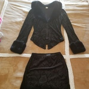Fur trimmed Shirt and skirt set